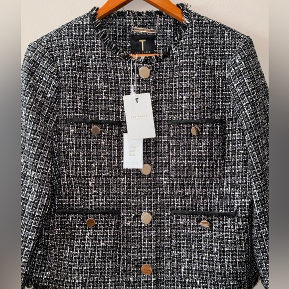 Ted Baker NWT Klaudi Metallic Bouclé black white Tweed Fringe button up Jacket 4 - Picture 13 of 14